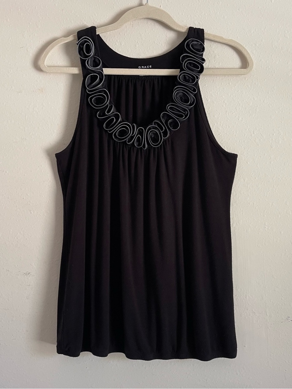 Grace Black Sleeveless Tank with Decorative Loop Neckline